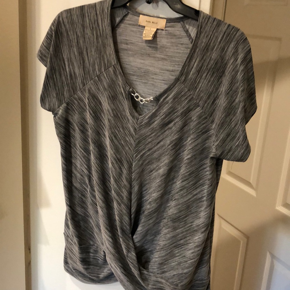 Diana Belle Grey/Black Blouse. Neckline bling detail. Gathered in the front